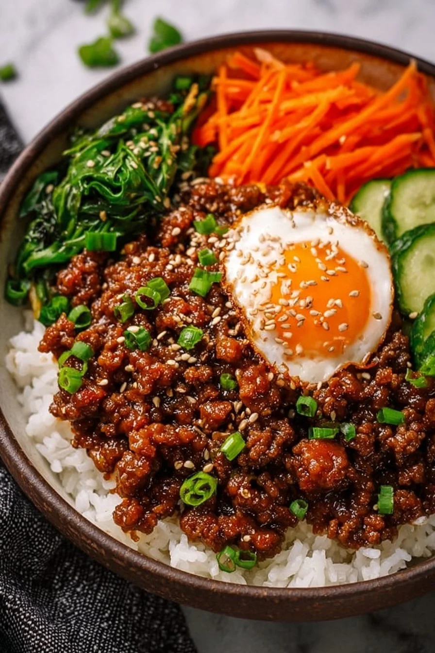 Delicious Korean Ground Beef Bowl topped with vegetables and served over rice