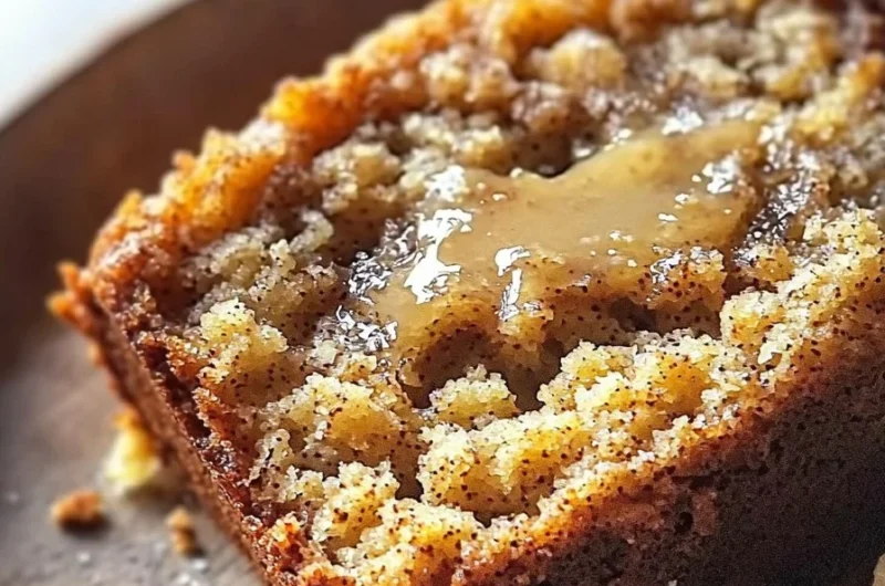 Delicious slice of easy banana bread snack cake on a plate.