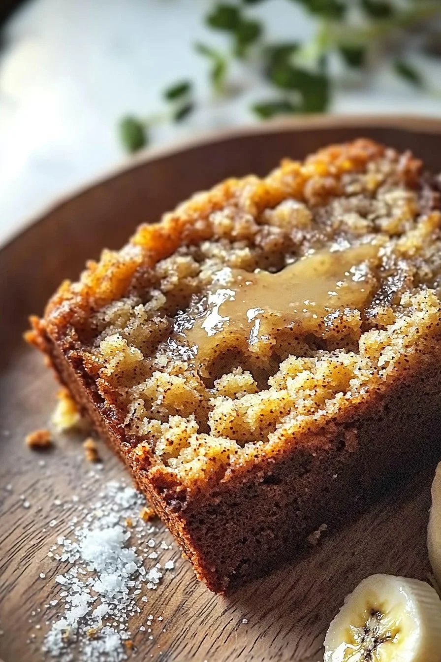 Delicious slice of easy banana bread snack cake on a plate.