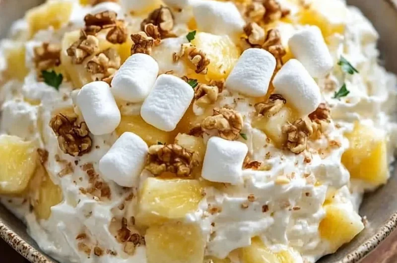 Bowl of easy banana fluff salad with bananas, whipped topping, and marshmallows