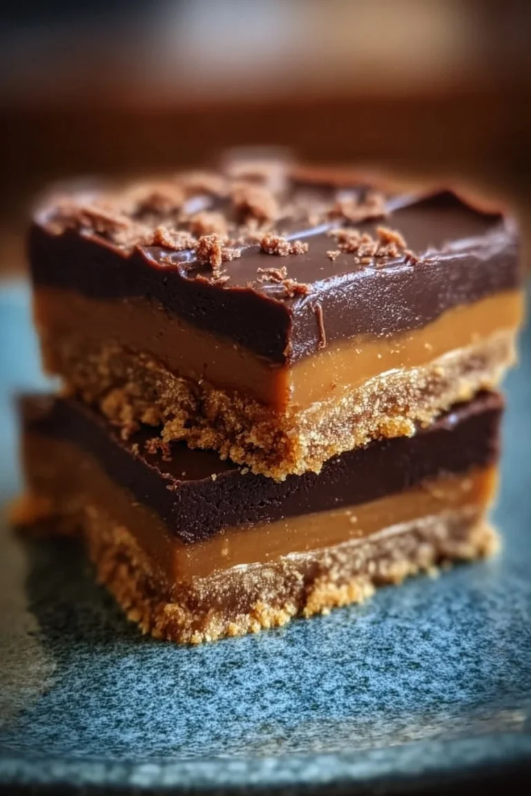 Delicious Biscoff Millionaires Shortbread dessert bars stacked on a plate