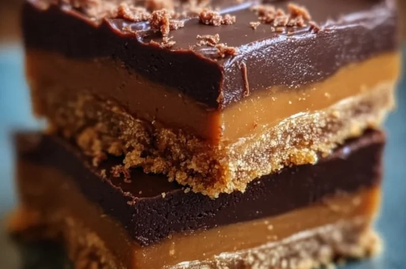 Delicious Biscoff Millionaires Shortbread dessert bars stacked on a plate