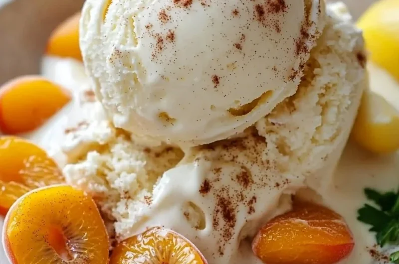 Bowl of homemade brown sugar apricot ice cream topped with fresh apricots
