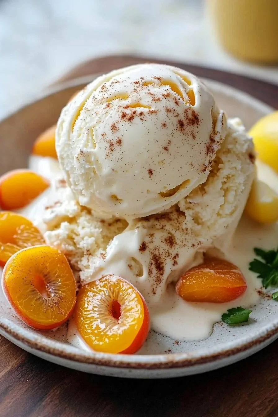 Bowl of homemade brown sugar apricot ice cream topped with fresh apricots