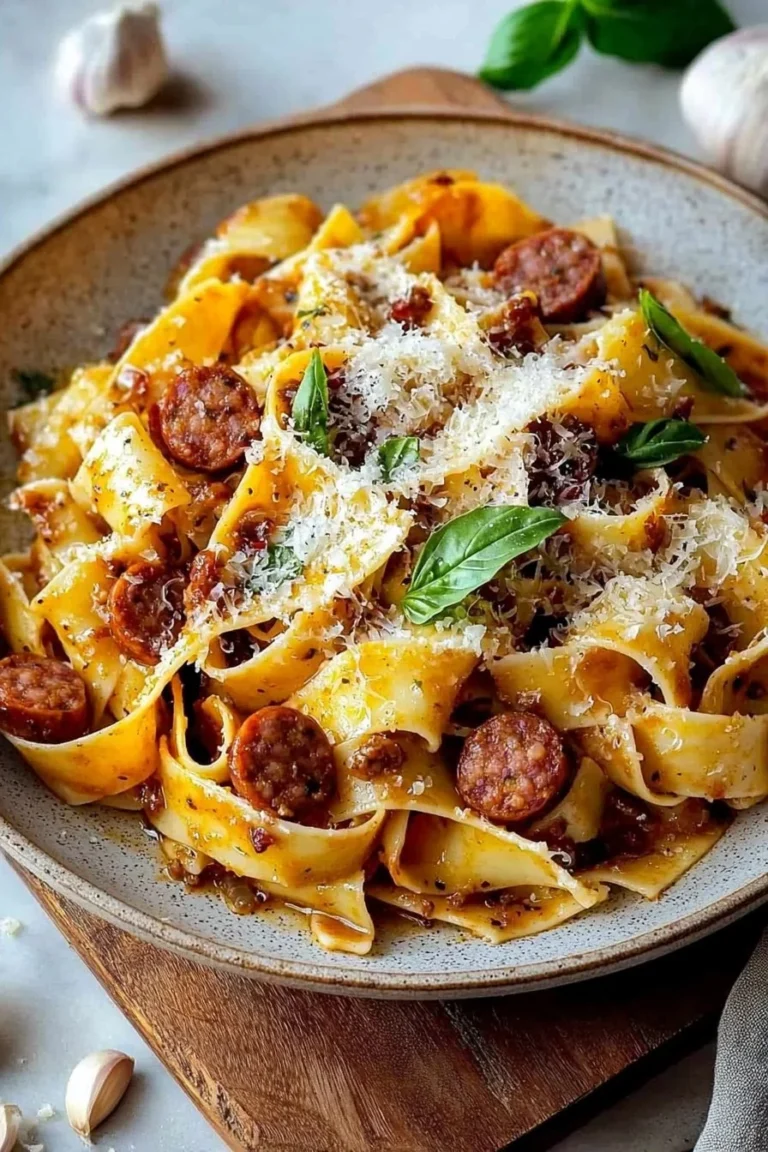 Delicious Easy Calabrian Chili Sausage Pappardelle garnished with herbs