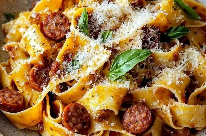 Delicious Easy Calabrian Chili Sausage Pappardelle garnished with herbs