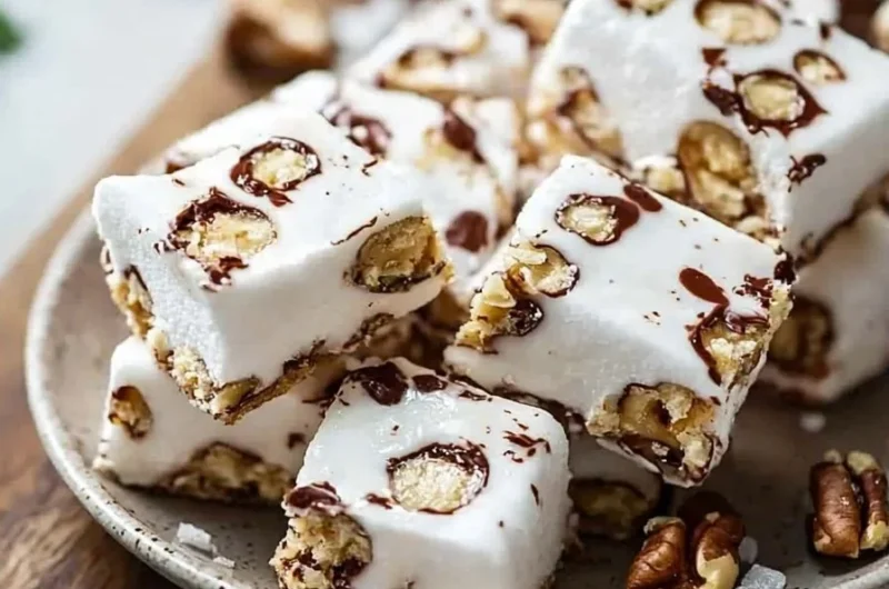 Homemade easy chewy marshmallow nougat bars on a decorative plate.