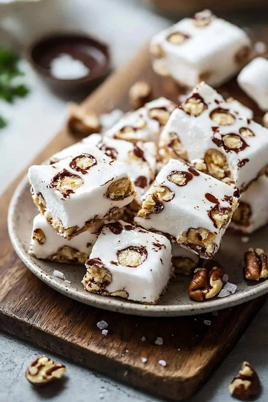 Homemade easy chewy marshmallow nougat bars on a decorative plate.
