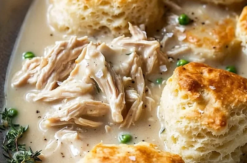 Easy chicken and dumplings with biscuits served in a bowl