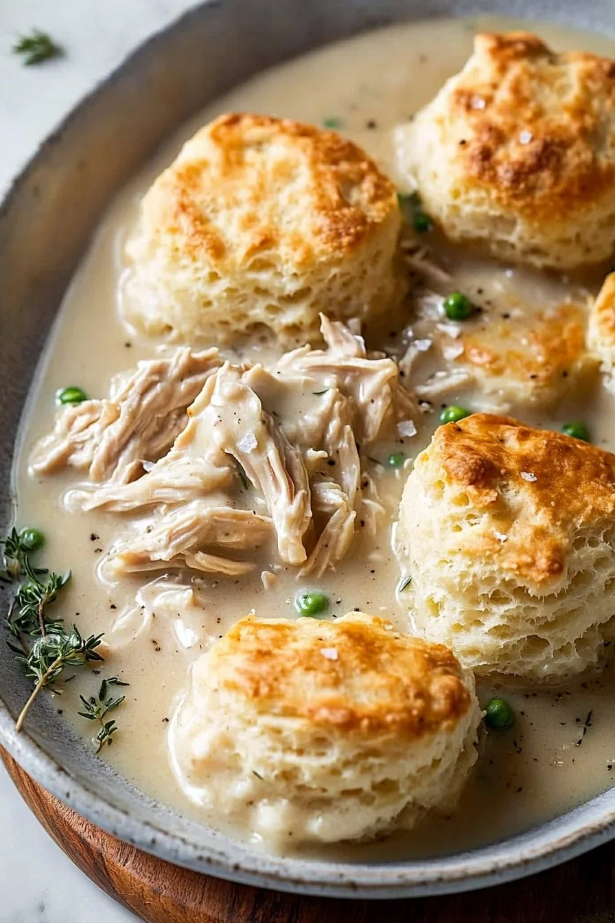 Easy chicken and dumplings with biscuits served in a bowl
