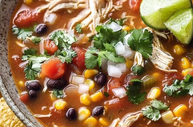 Bowl of easy chicken tortilla soup topped with fresh cilantro and tortilla strips