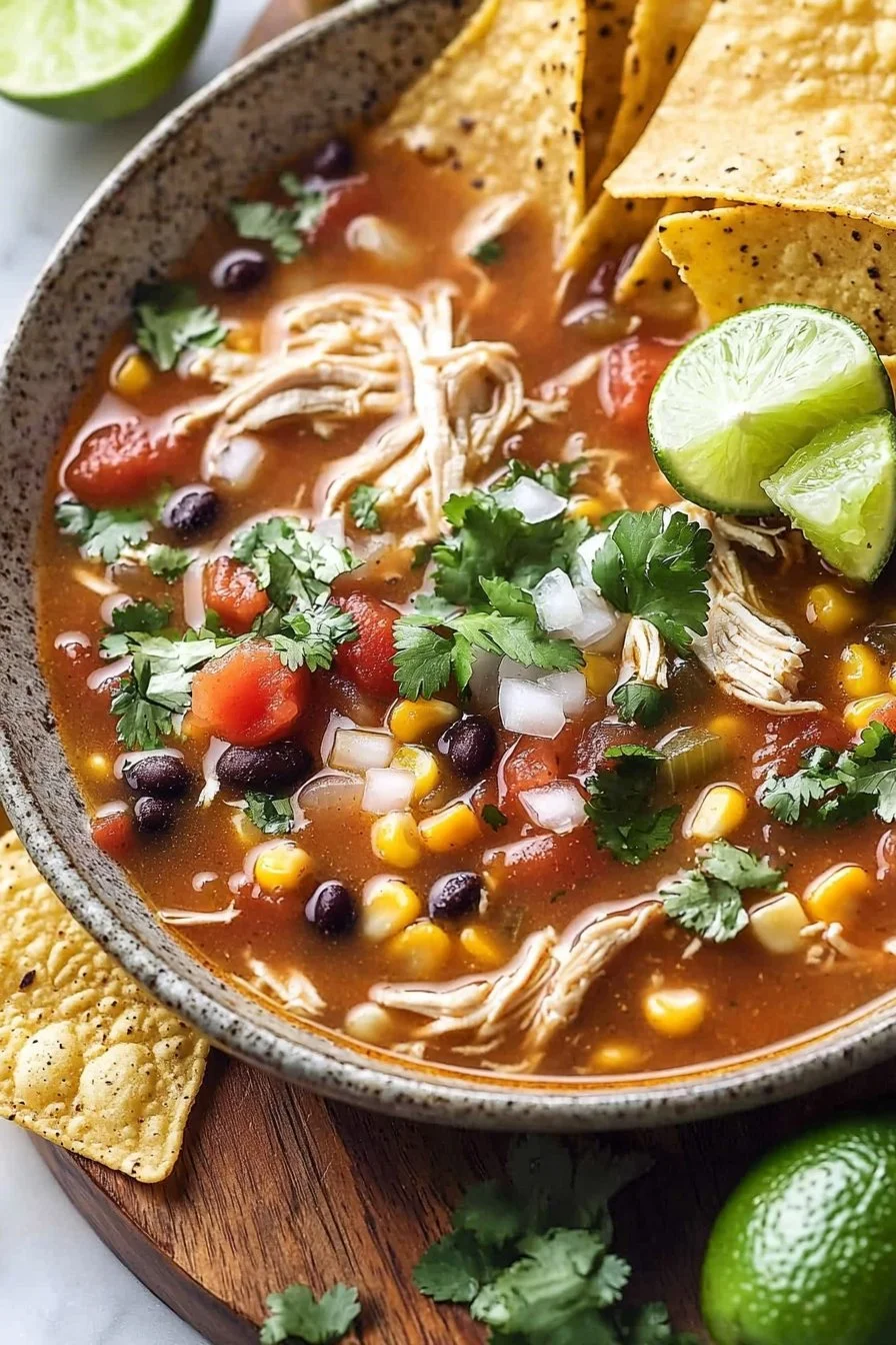 Bowl of easy chicken tortilla soup topped with fresh cilantro and tortilla strips
