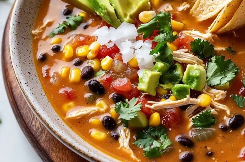 Bowl of easy chicken tortilla soup garnished with tortilla strips and avocado.