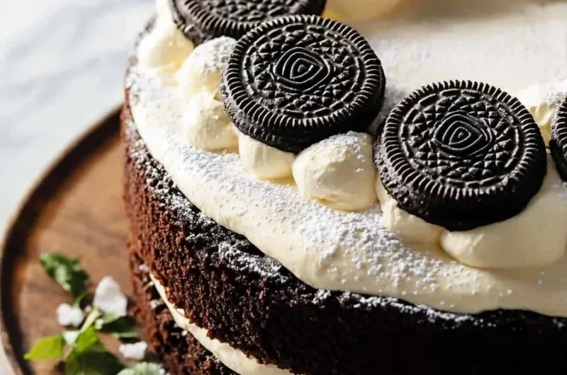 Slice of easy cookies and cream cake with cream topping and cookie crumbles
