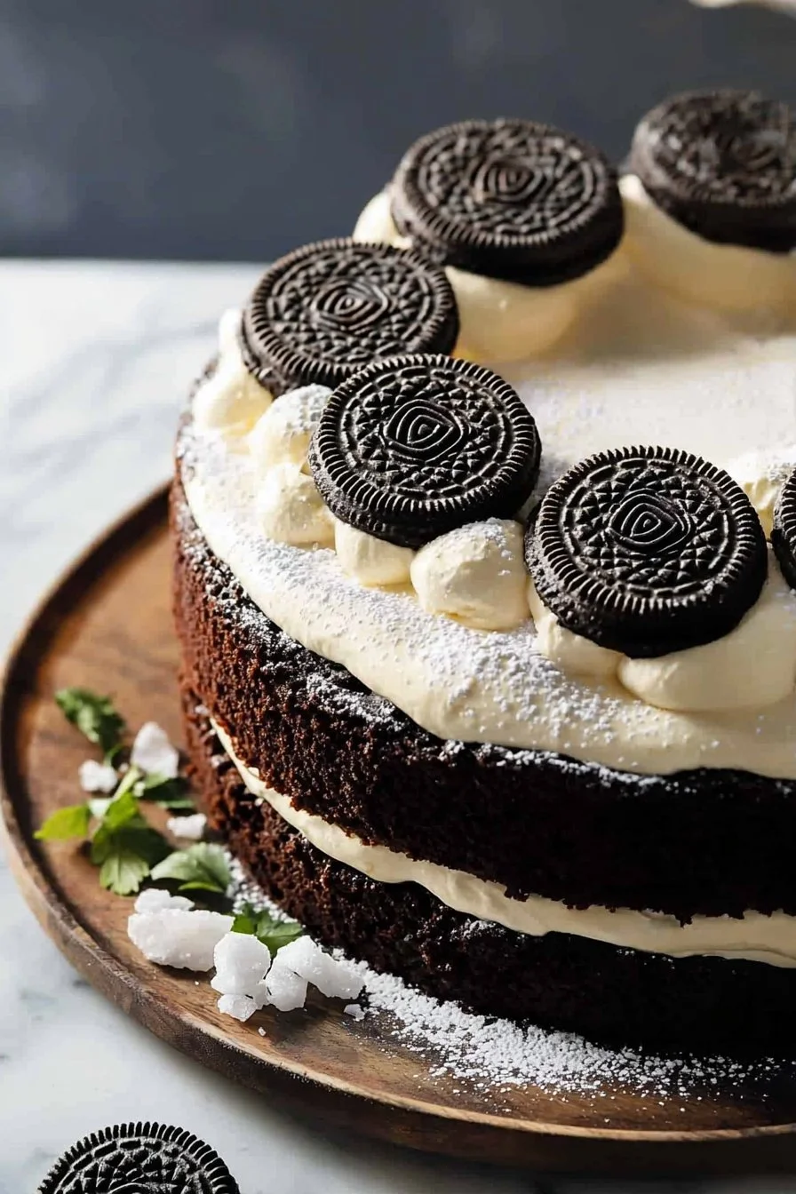 Slice of easy cookies and cream cake with cream topping and cookie crumbles