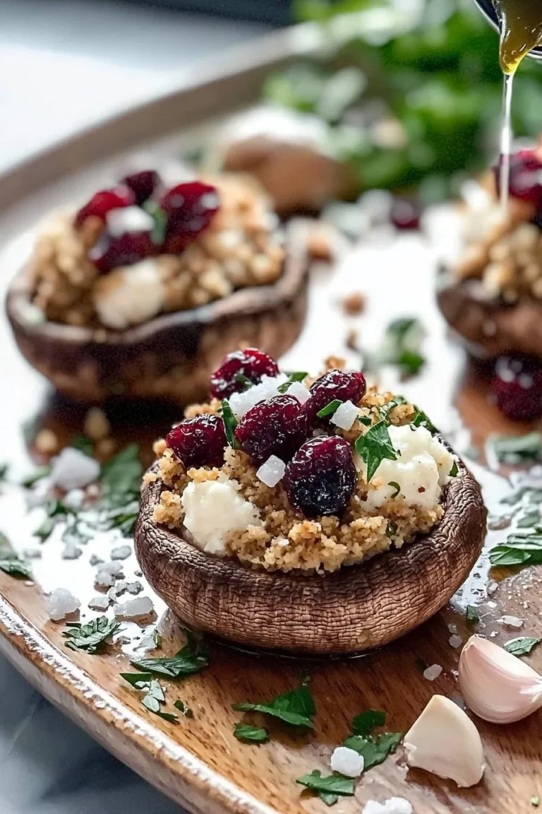 Easy cranberry goat cheese stuffed mushrooms appetizer on a platter