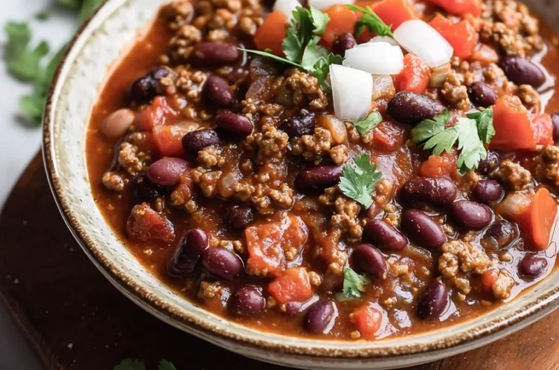 Bowl of easy crockpot chili with garnishes and spoon
