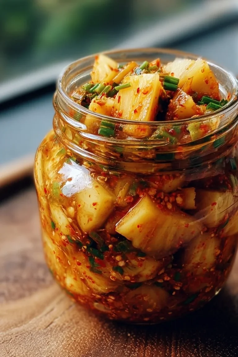 A bowl of vibrant fermented pineapple kimchi with colorful vegetables.