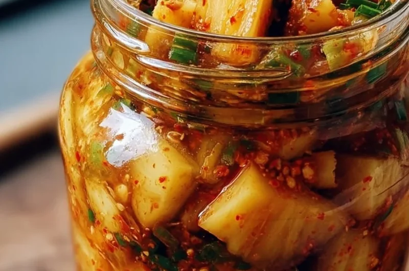 A bowl of vibrant fermented pineapple kimchi with colorful vegetables.