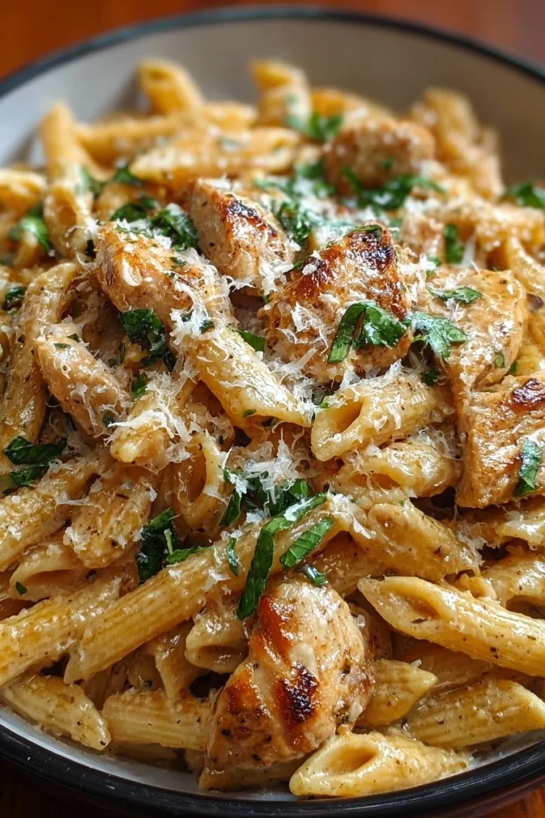 Delicious garlic parmesan chicken pasta served in a bowl