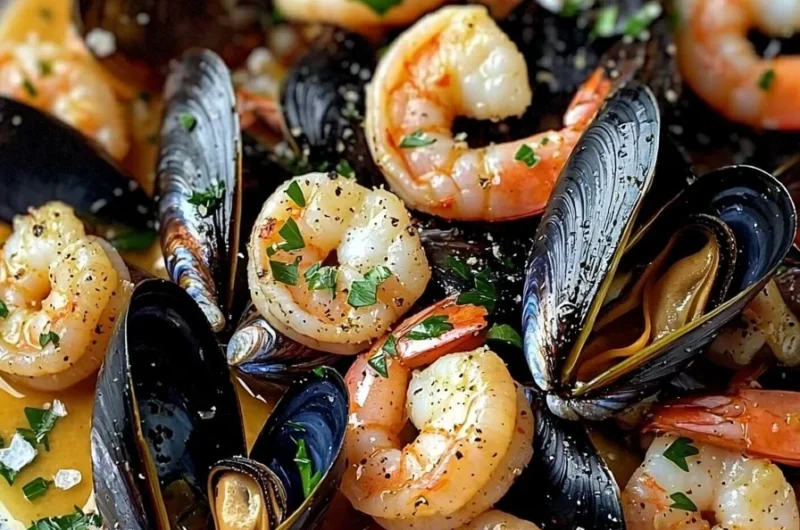 Delicious easy garlic shrimp mussels served in a bowl with herbs and lemon.
