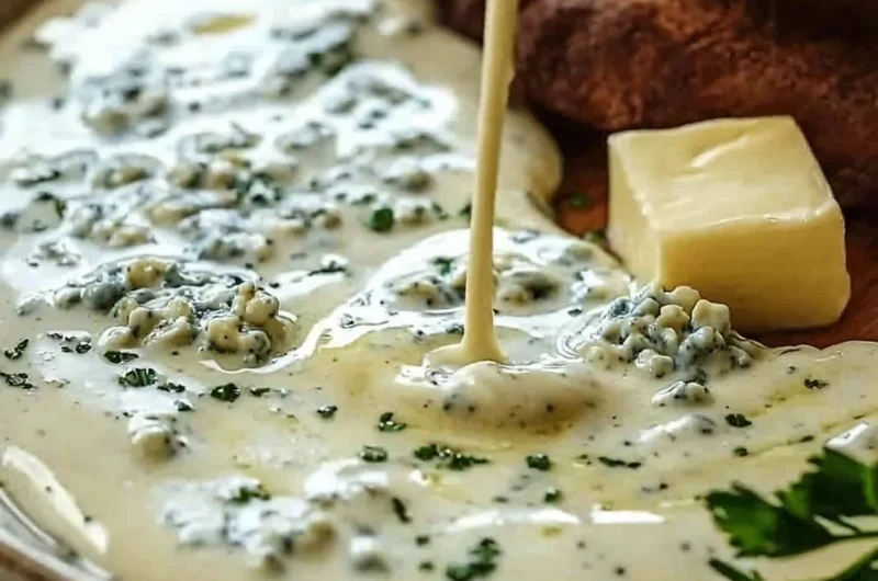 Bowl of easy Gorgonzola cream sauce with fresh herbs and pasta