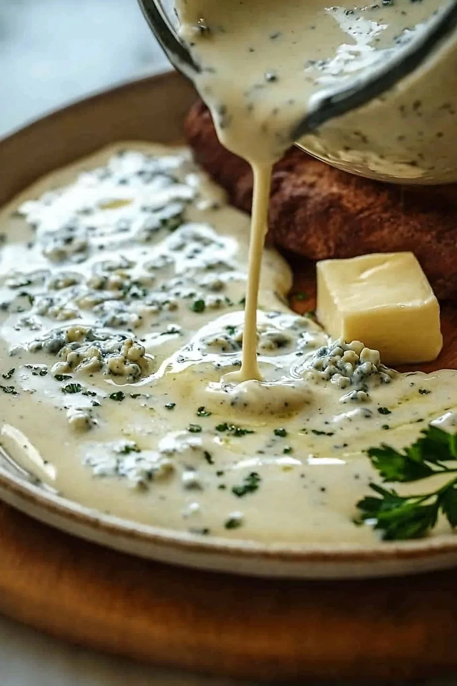 Bowl of easy Gorgonzola cream sauce with fresh herbs and pasta