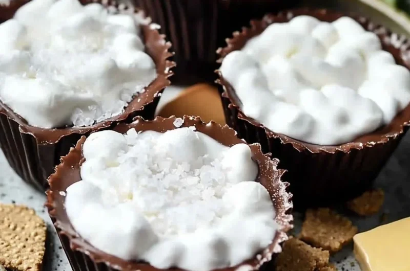 Homemade Mallo Cups chocolate candy with marshmallow and chocolate coating