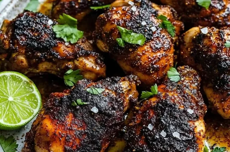 Delicious plates of easy homemade jerk chicken served with rice and vegetables