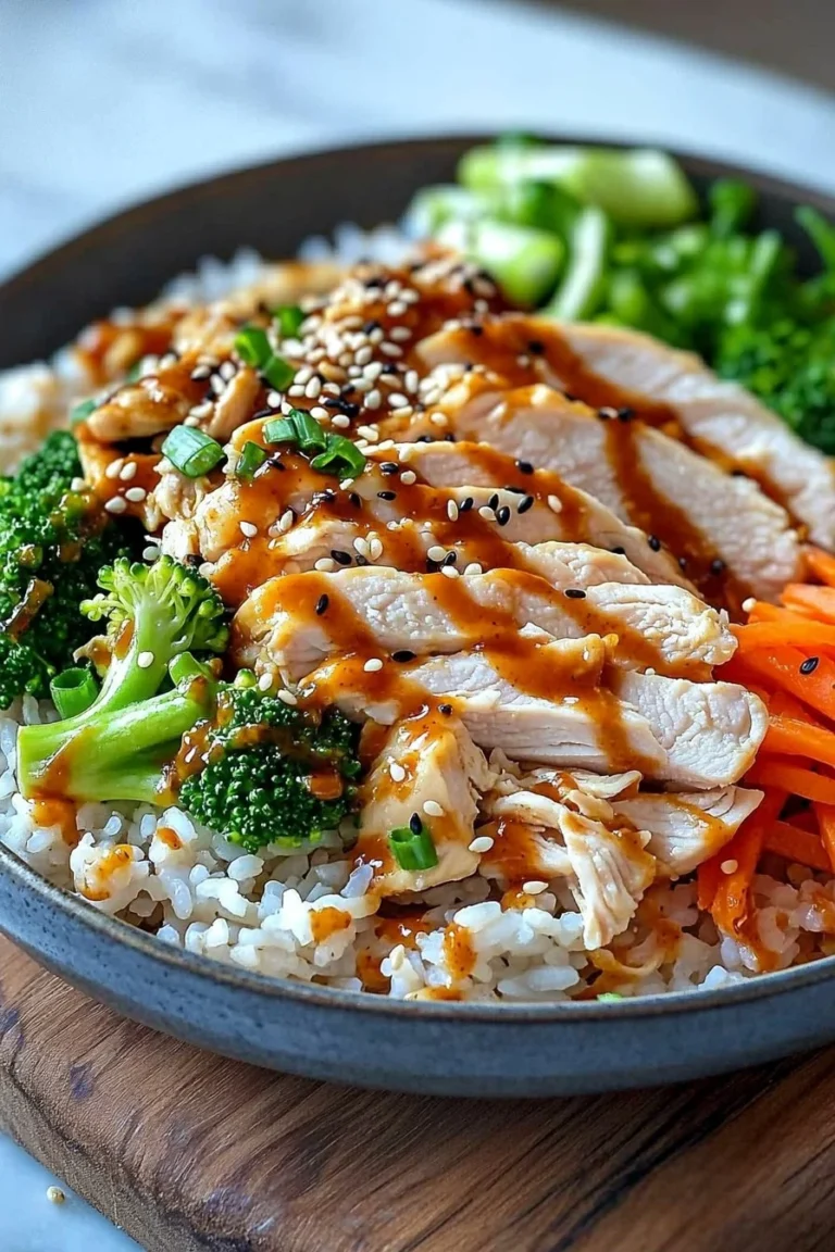 Delicious easy Korean chicken rice bowl topped with fresh vegetables and sauces