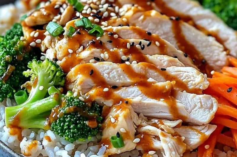 Delicious easy Korean chicken rice bowl topped with fresh vegetables and sauces