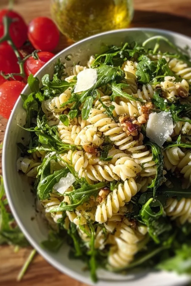Delicious Easy Lemon Arugula Pasta Salad with vibrant ingredients served in a bowl.