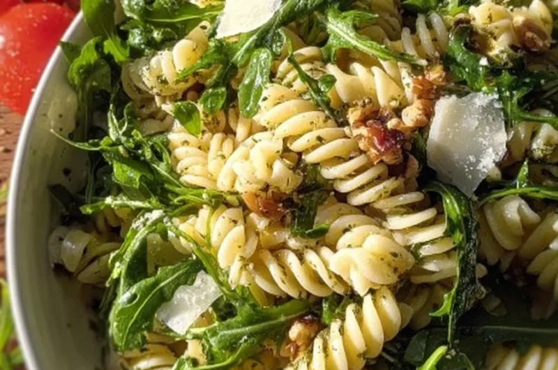 Delicious Easy Lemon Arugula Pasta Salad with vibrant ingredients served in a bowl.