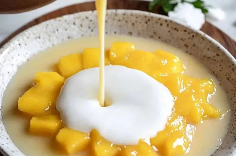 Delicious easy mango coconut pudding dessert served in a bowl