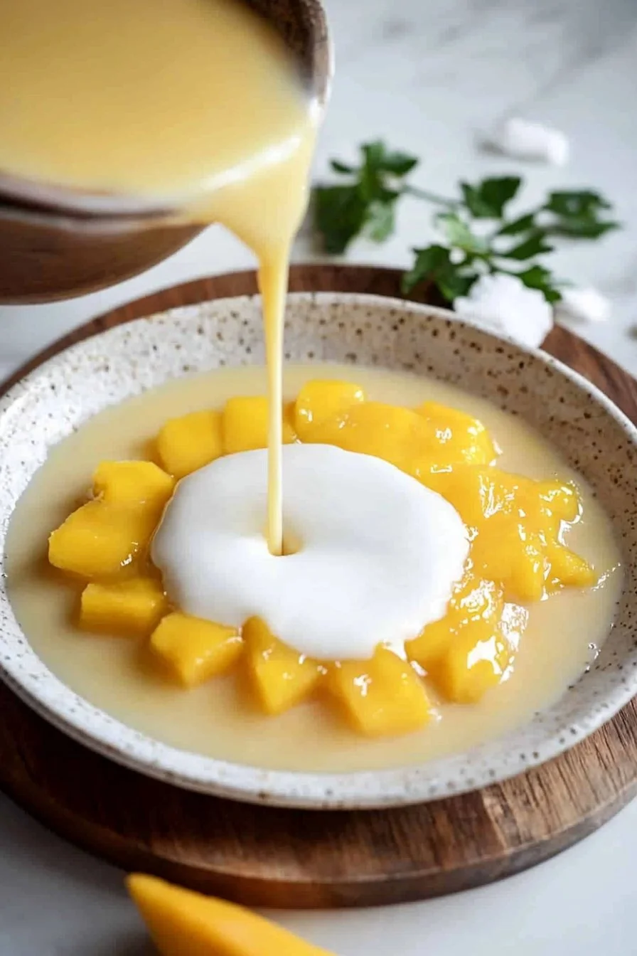 Delicious easy mango coconut pudding dessert served in a bowl