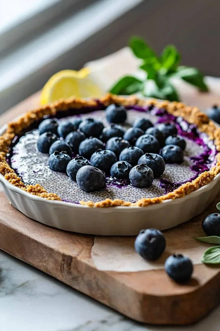 Easy no-bake blueberry chia pie with fresh blueberries and chia seeds