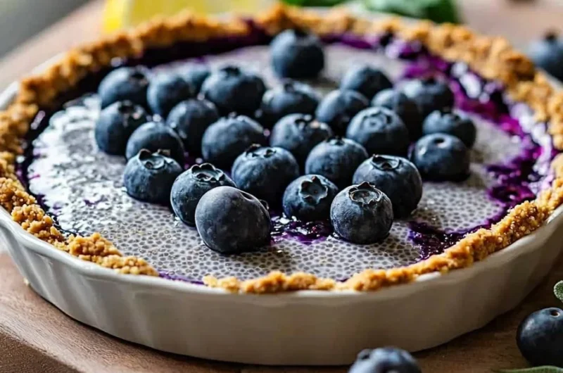 Easy no-bake blueberry chia pie with fresh blueberries and chia seeds