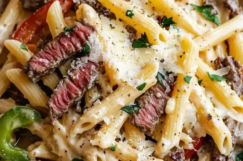Delicious Easy Philly Cheesesteak Pasta served in a bowl with vegetables