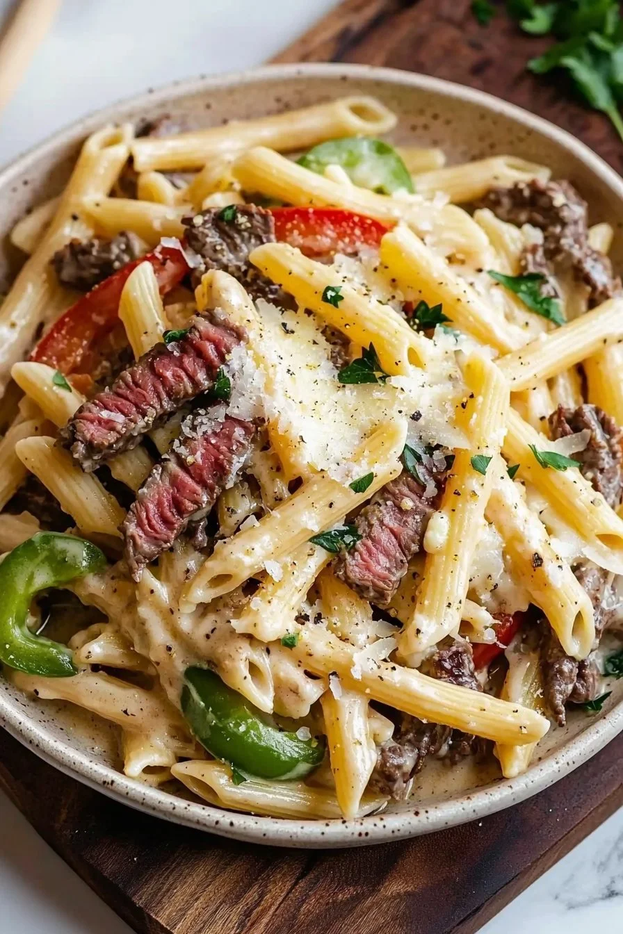 Delicious Easy Philly Cheesesteak Pasta served in a bowl with vegetables