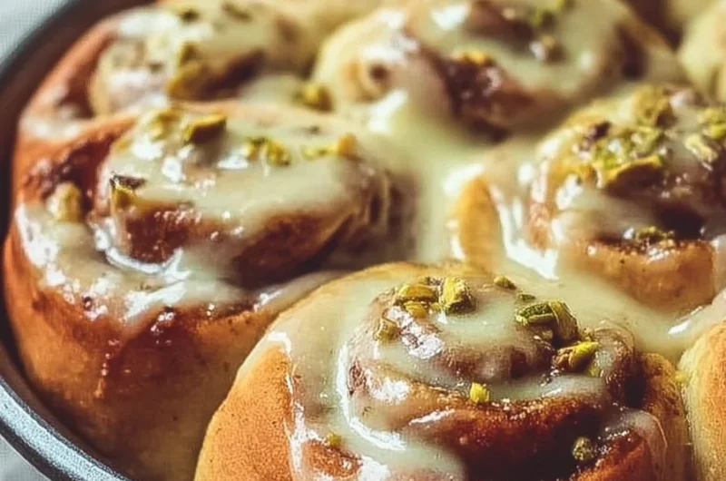 Freshly baked easy pistachio cream cinnamon rolls with a creamy topping