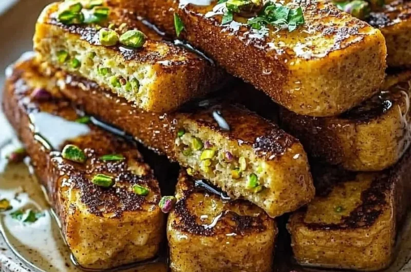 Delicious pistachio French toast sticks served with a side of maple syrup