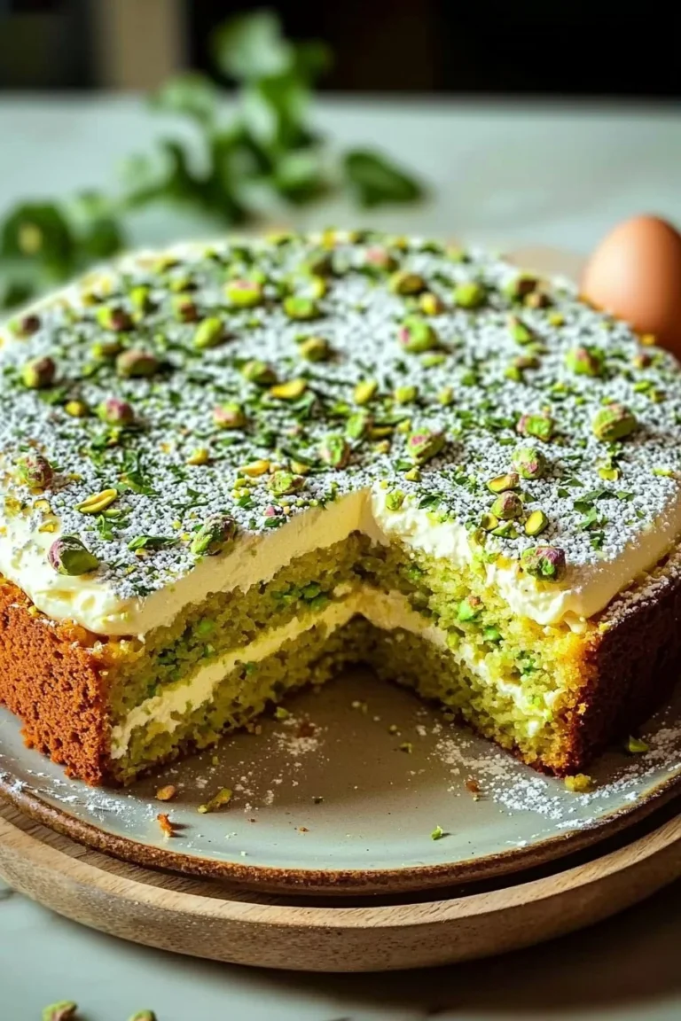 Slice of easy Pistachio Gooey Butter Cake dessert on a plate