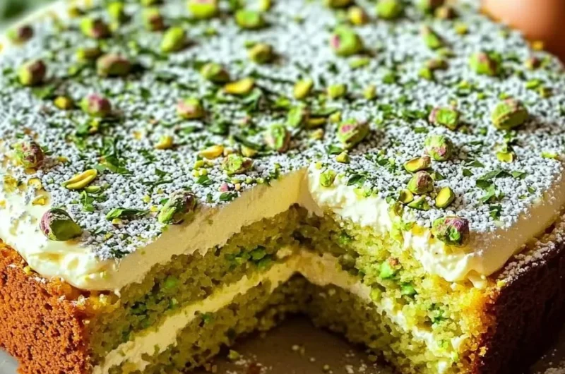 Slice of easy Pistachio Gooey Butter Cake dessert on a plate