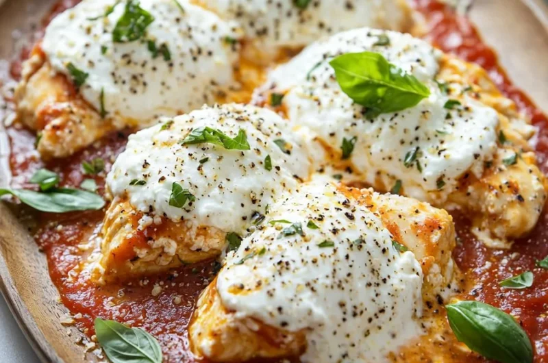 Delicious Easy Ricotta Chicken Bake topped with herbs and cheese