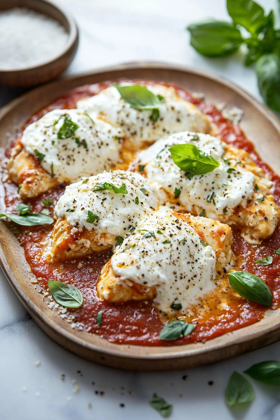 Delicious Easy Ricotta Chicken Bake topped with herbs and cheese