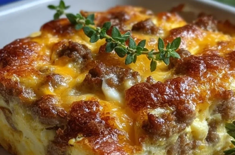 Easy sausage and egg casserole on a plate, perfect for breakfast.
