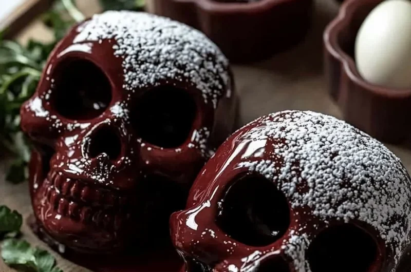 Easy Skull Lava Cake decorated for Halloween with ooey-gooey chocolate filling.