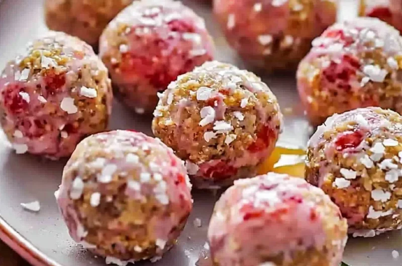 Easy strawberry cheesecake protein balls recipe with fresh strawberries and cream cheese.