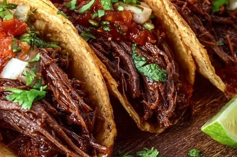 Delicious easy tender crockpot beef tacos ready to serve with toppings