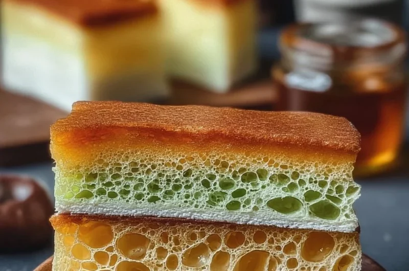 A slice of Easy Vietnamese honeycomb cake dessert with a golden, fluffy texture.